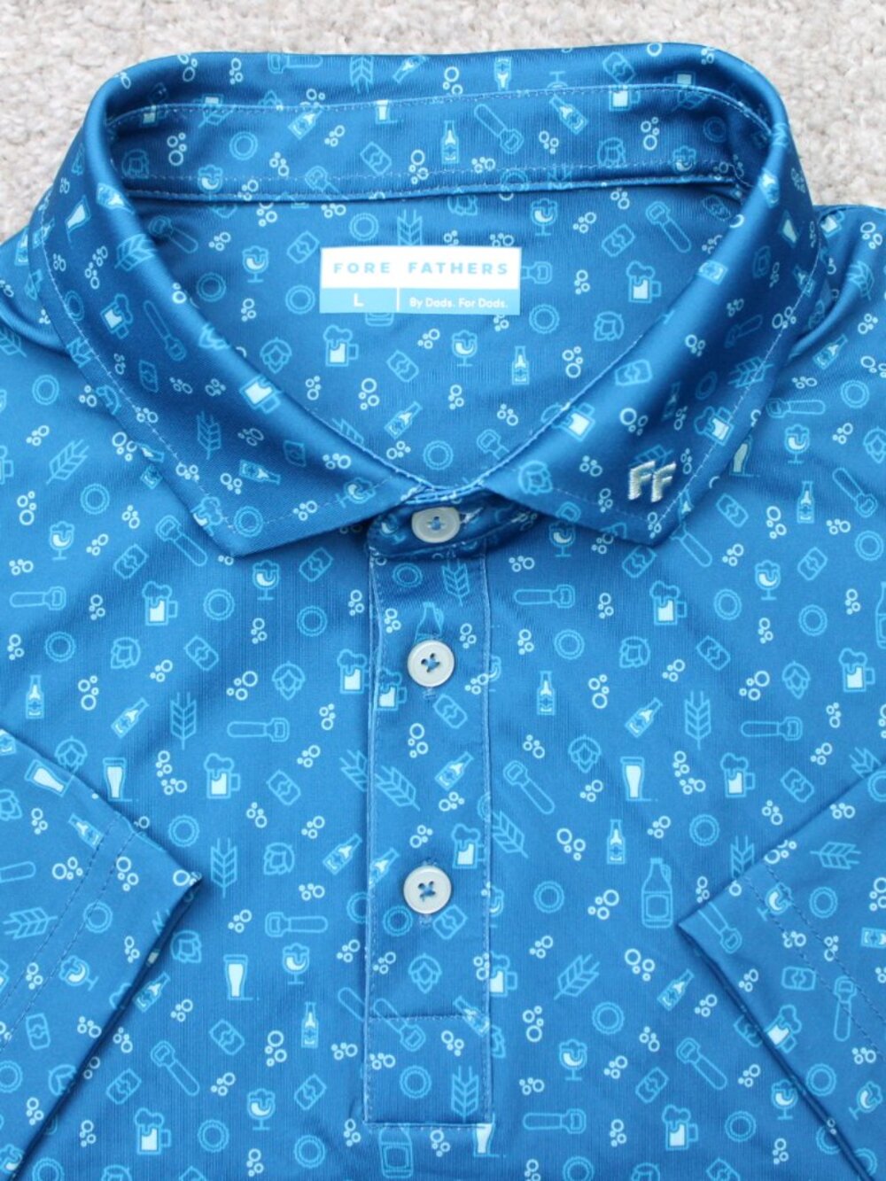 Fore Fathers AOP Polo Shirt Mens Large Blue Drinking All Over Print Golf S/S